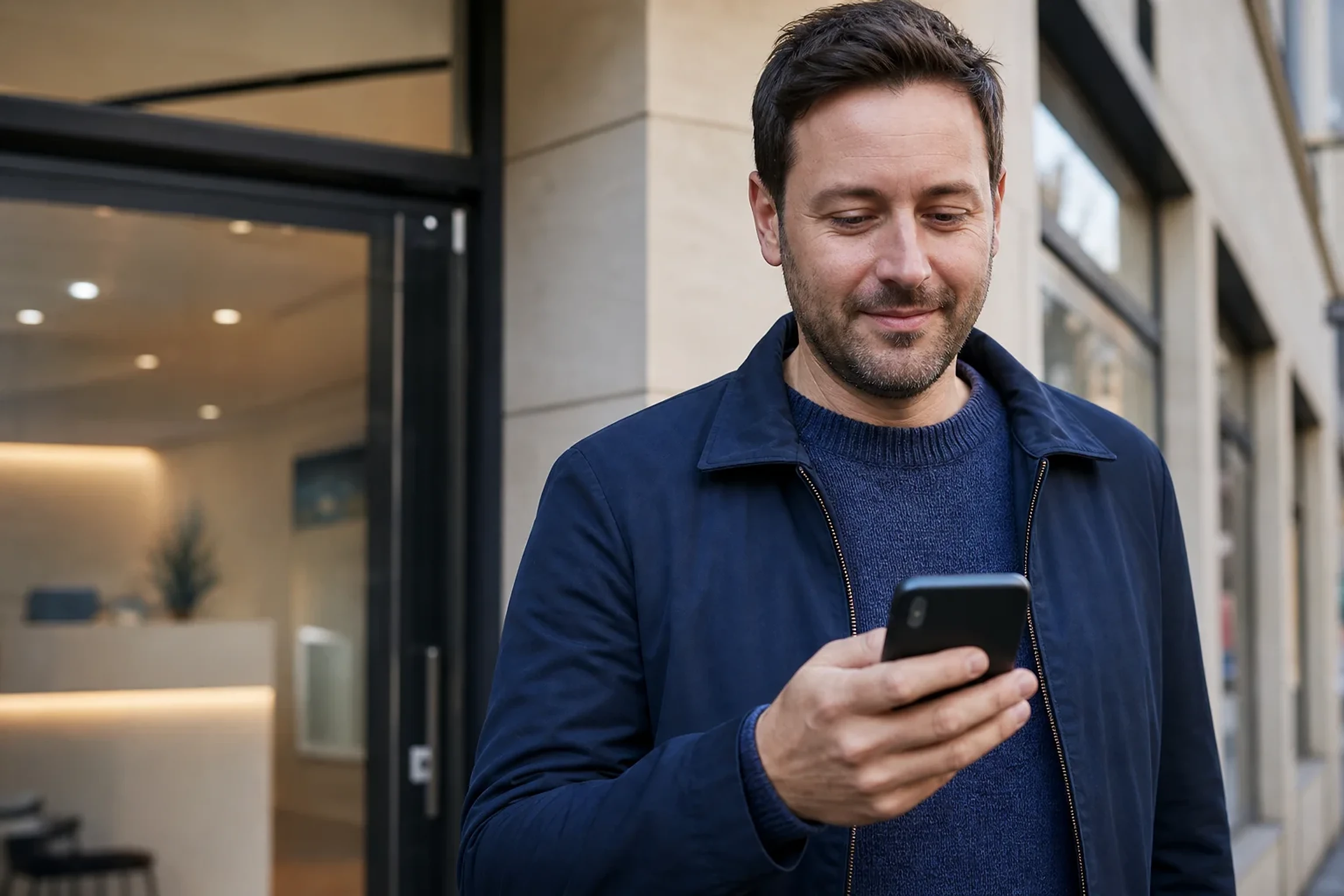 A dental patient reading a follow-up message on his phone outside a practice
