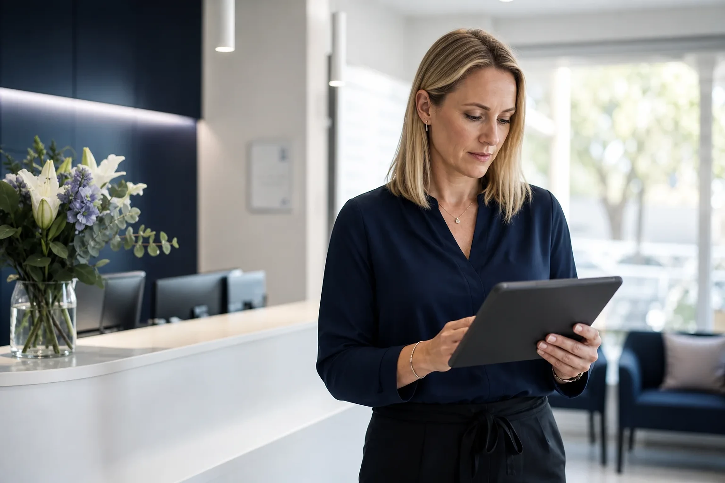 A dental practice manager calmly reviewing the day on a tablet