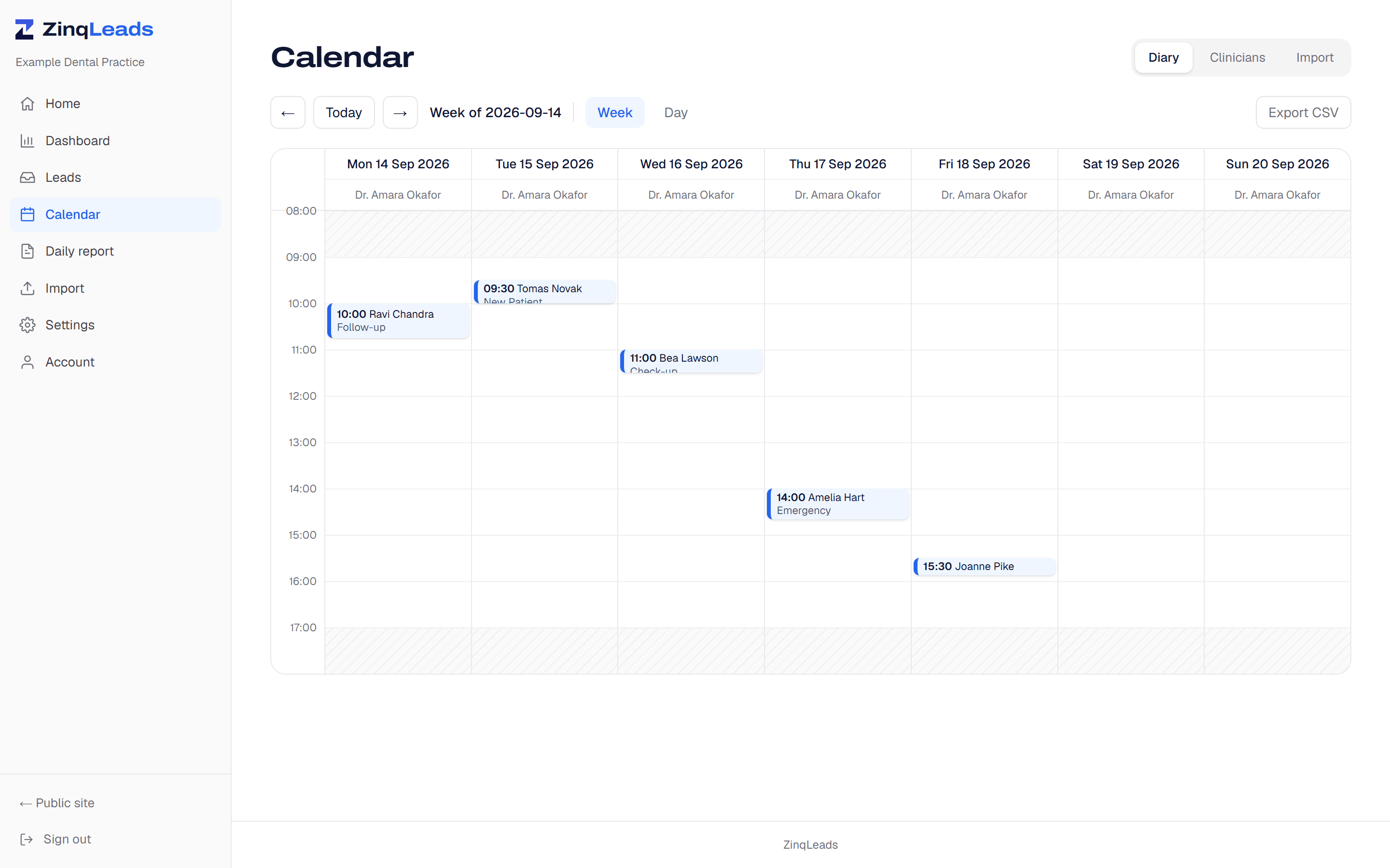 The practice calendar week view with booked appointments