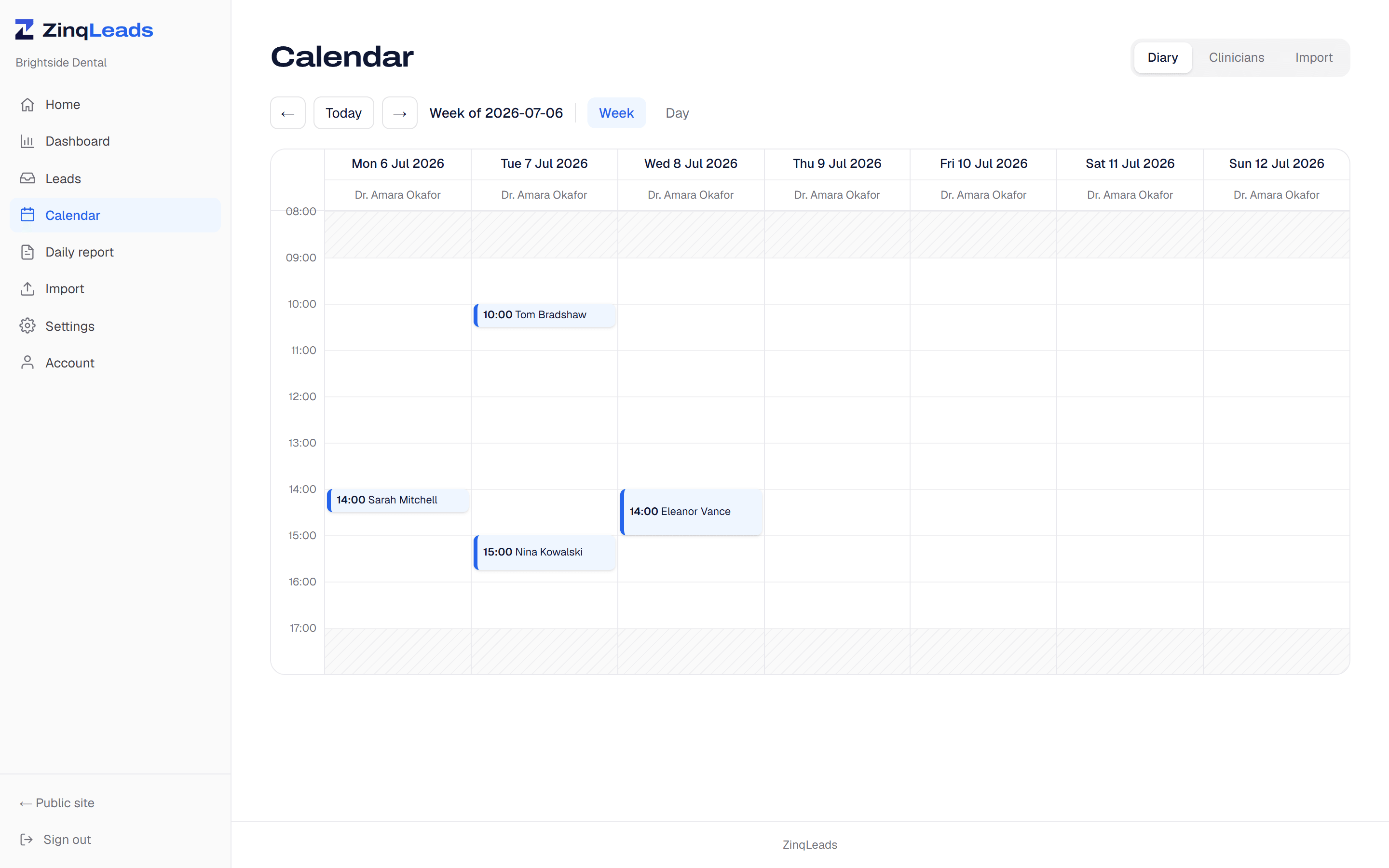 The practice calendar week view with recovered bookings