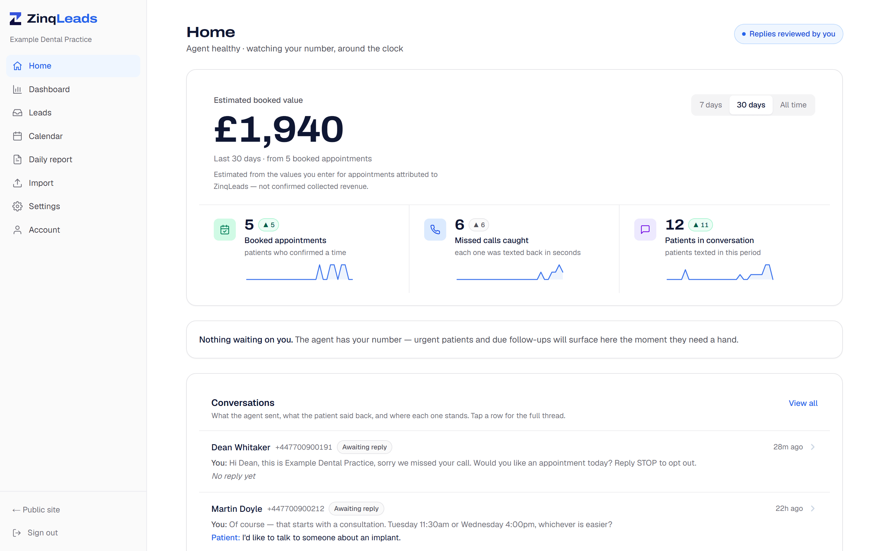 The ZinqLeads owner dashboard showing estimated booked value, booked appointments and recent patient conversations