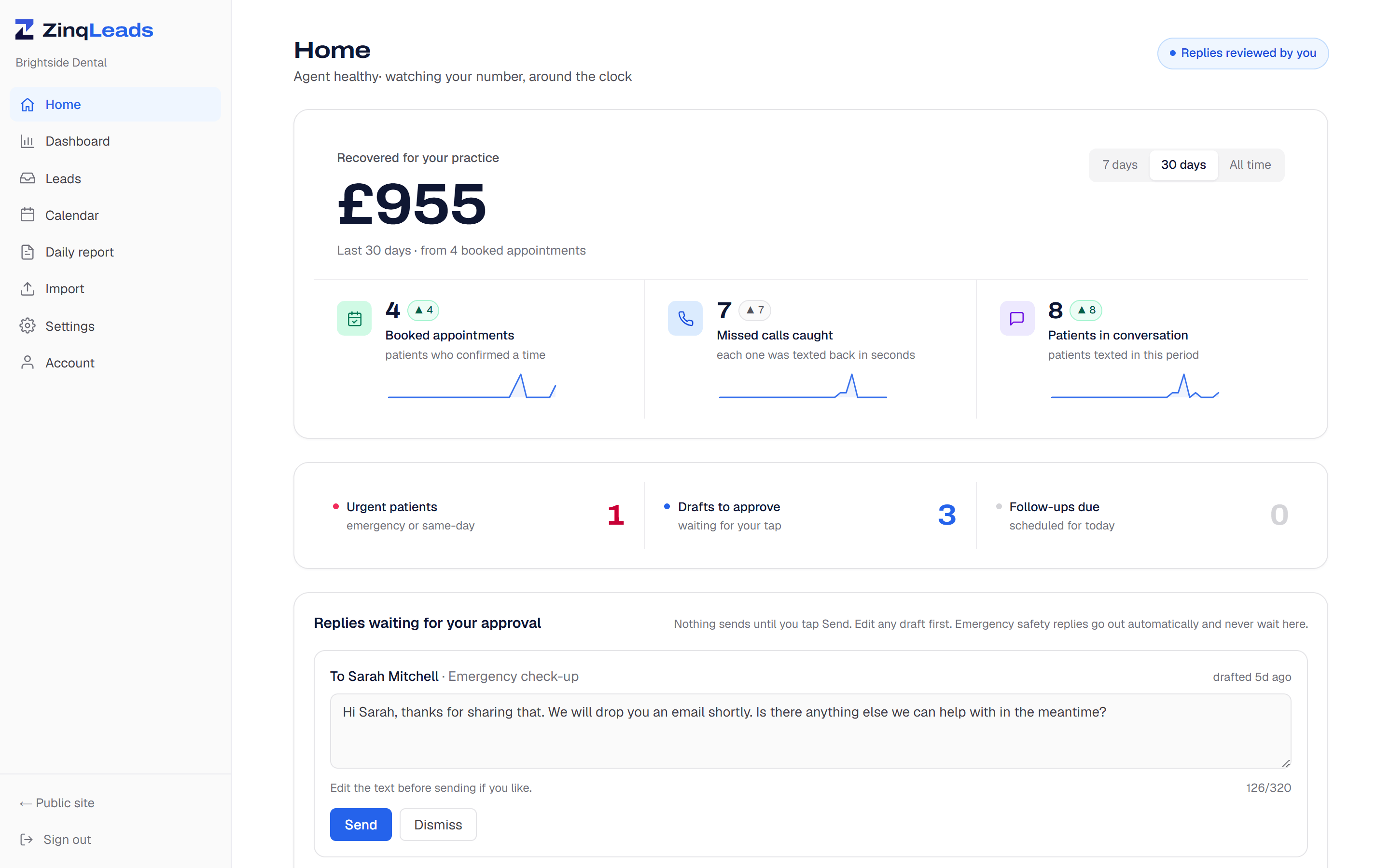 ZinqLeads dashboard showing £955 recovered from four booked appointments