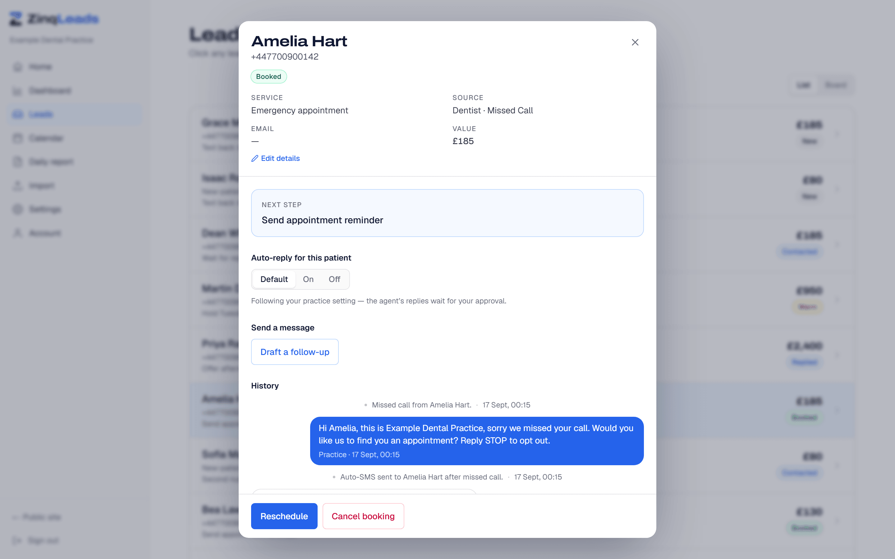 A recovered lead in detail with the conversation and booking value
