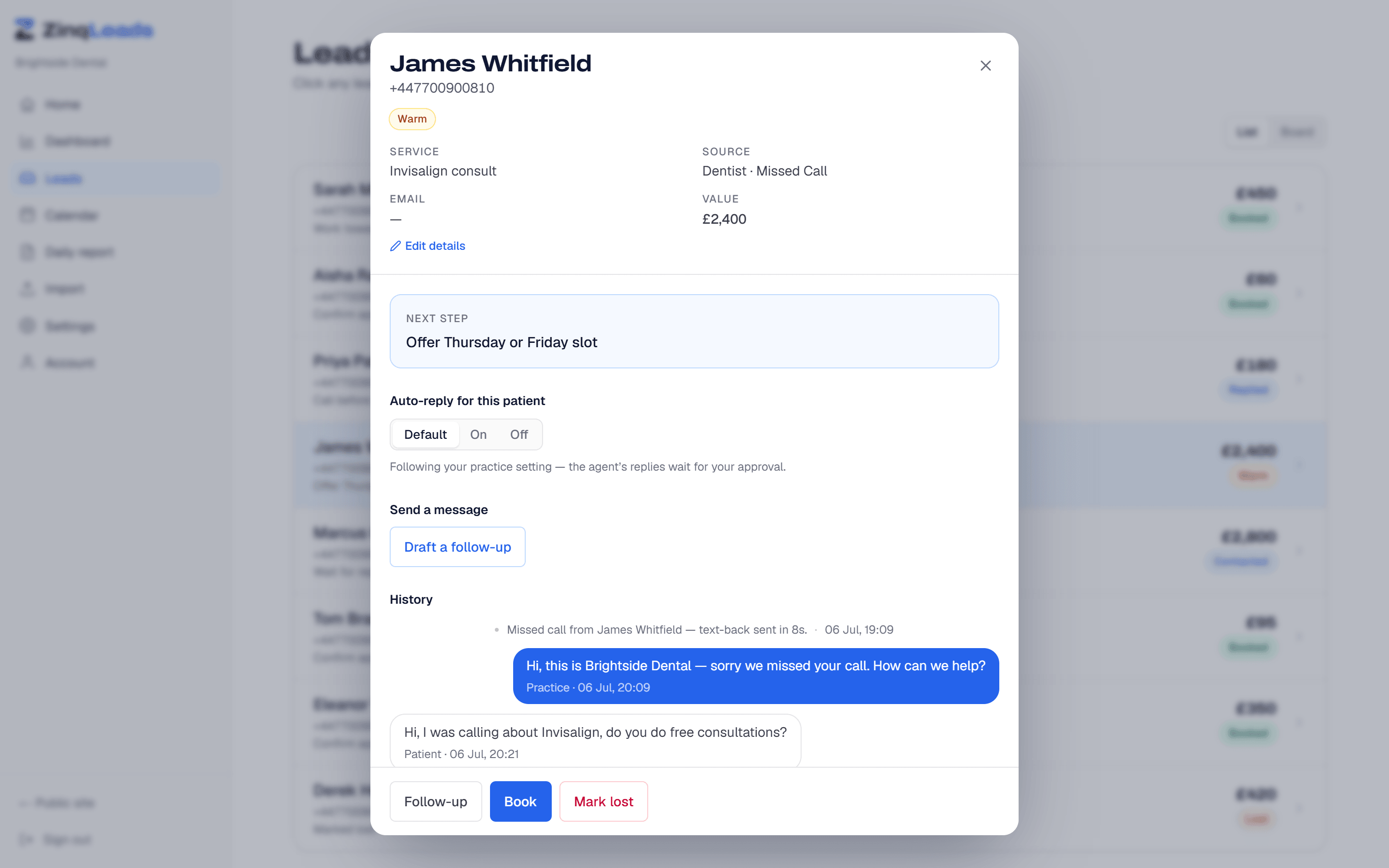Recovered Invisalign patient record with conversation and booking controls