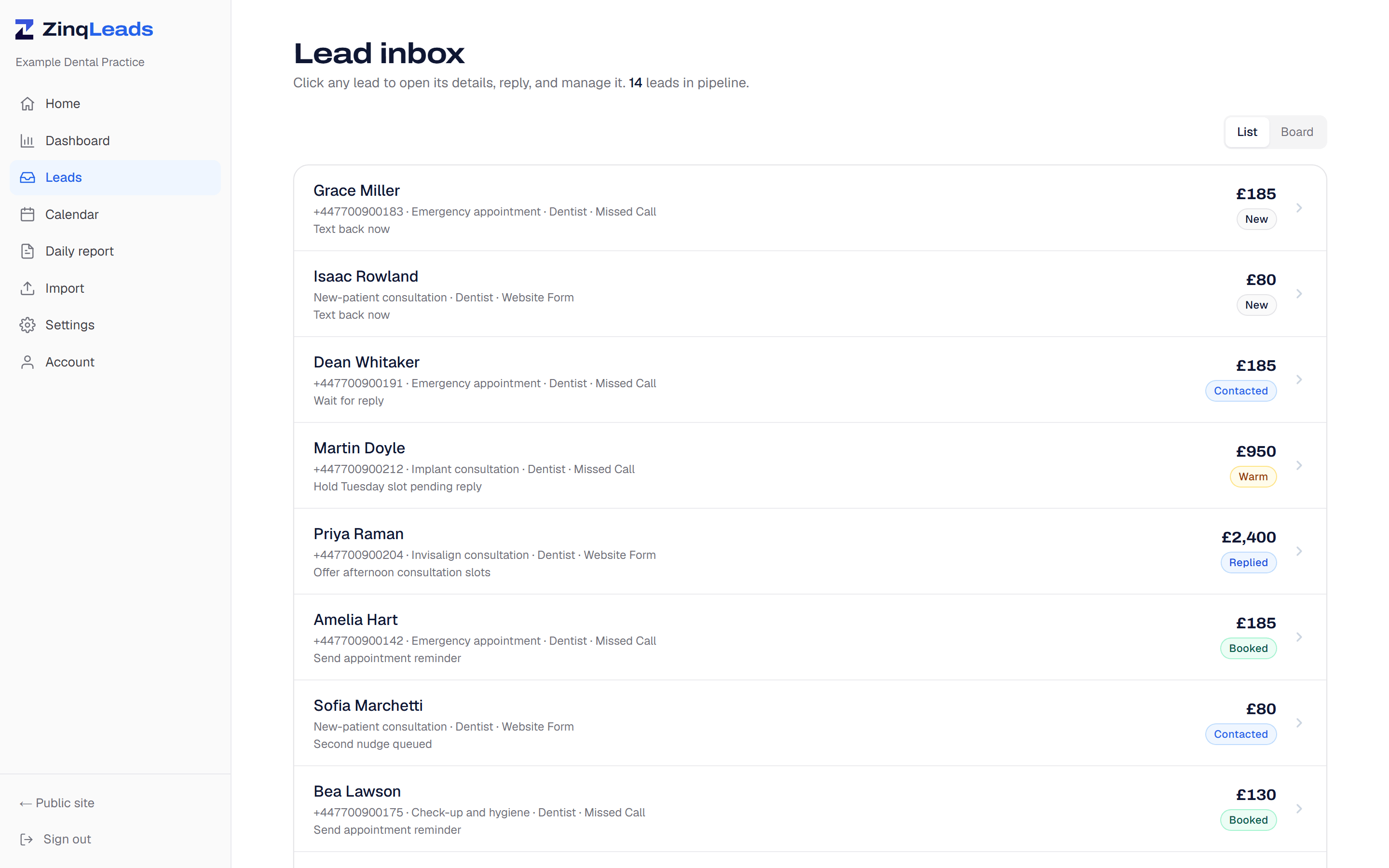 The lead inbox showing recovered patient conversations